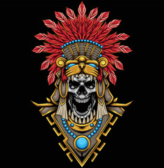 Vector illustraion of aztec skull warrior with vintage style drawing