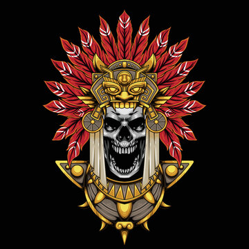Vector illustraion of aztec skull warrior with vintage style drawing