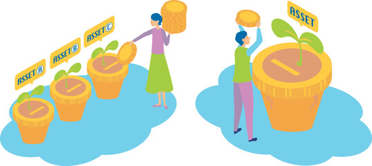 分散投資をする女性と一ヶ所に投資をする男性