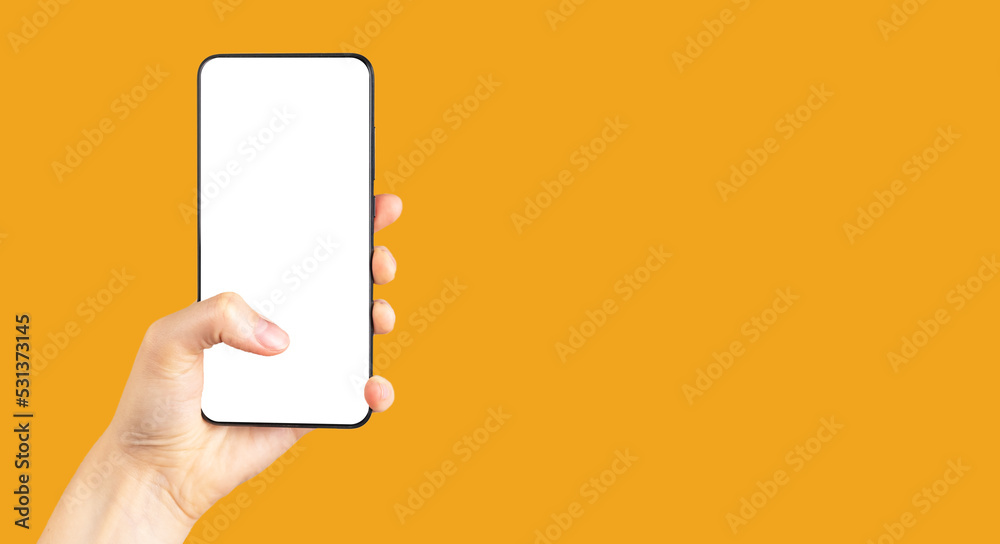 Aufkleber banner with thumb tapping on phone mockup on orange background. smartphone template with empty scree