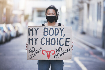 Protest woman, abortion choice or healthcare cardboard poster in a city street for body, human...