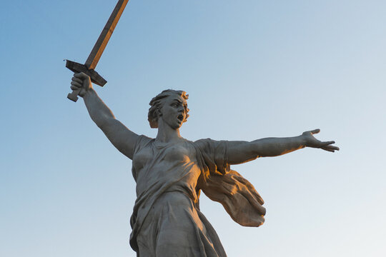 Volgograd, Russia-June 21, 2022: The Motherland Calls,  the compositional centre of the monument-ensemble "Heroes of the Battle of Stalingrad" on Mamayev Kurgan in Volgograd. Sunset