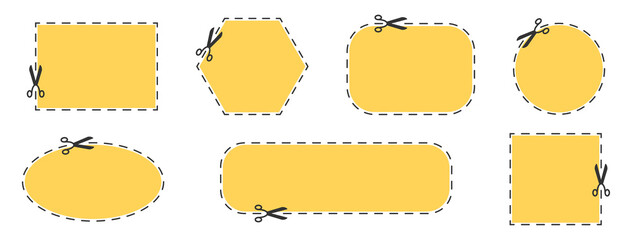 Coupon cut with scissors icon set. Discount line yellow border. Silhouette web banner. Paper school frame. Price sign. Cinema festival ticket label. Sale template. Clipart design. Vector illustration