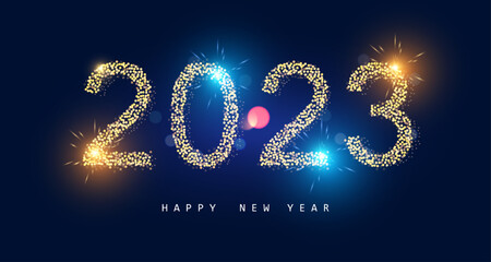 Happy New 2023 Year poster template with bokeh an light effects.