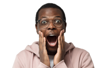 Closeup shot of young handsome African guy in casual clothes pictured wearing round spectacles, looking extremely surprised with round eyes and mouth, positively shocked