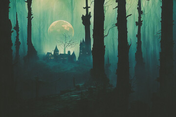 3D render of Dracula castle is lit in a forest at night with a full moon. Digital illustration - obrazy, fototapety, plakaty