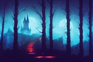 Foto op Canvas 3D render of Dracula castle is lit in a forest at night with a full moon. Digital illustration © Fokasu Art