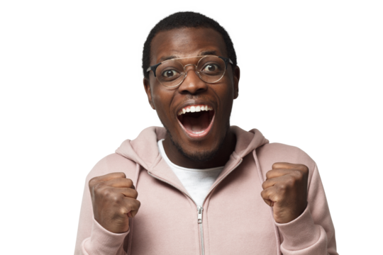 Horizontal shot of emotional African man with round trendy eyeglasses on, clenching fists and having opened mouth