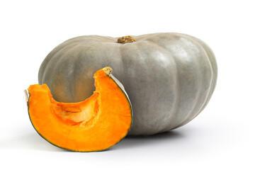 Jarrahdale winter squash pumpkin and slice isolated on white background
