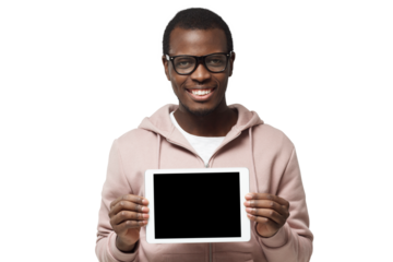 Horizontal shot of young African man pictured with trendy eyeglasses on presenting blank tablet screen to viewers with smile