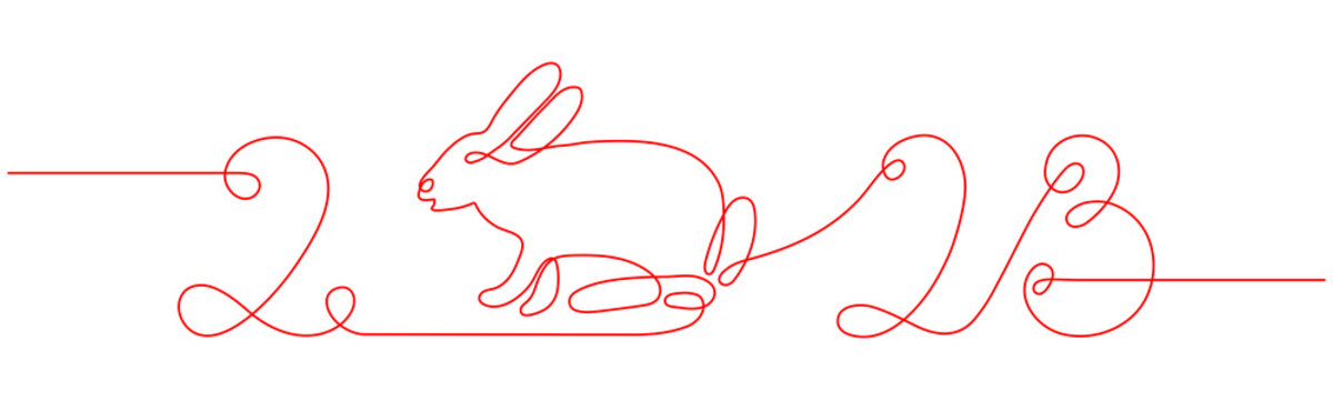 Rabbit one line 2023. Chinese horoscope. Animal symbol red outline doodle sketch. Editable path. Cartoon hare