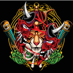 Vector illustration of tiger wearing samurai helmet and mask with sword and japanese flower
