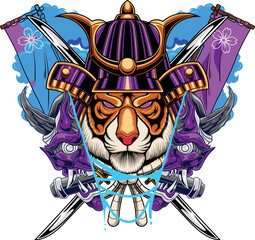 Vector illustration of tiger wearing samurai helmet and mask with sword and japanese flower