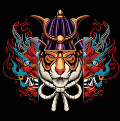 Vector illustration of tiger wearing samurai helmet and mask with sword and japanese flower