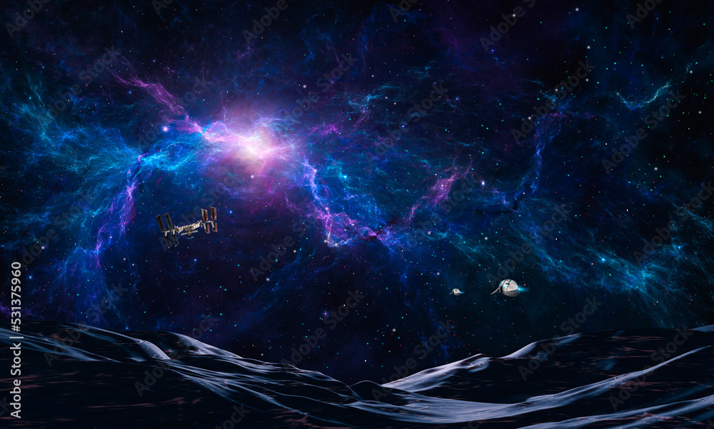 Wall mural space background. spaceship flying to iss with mountain land in colorful fractal blue nebula. elemen