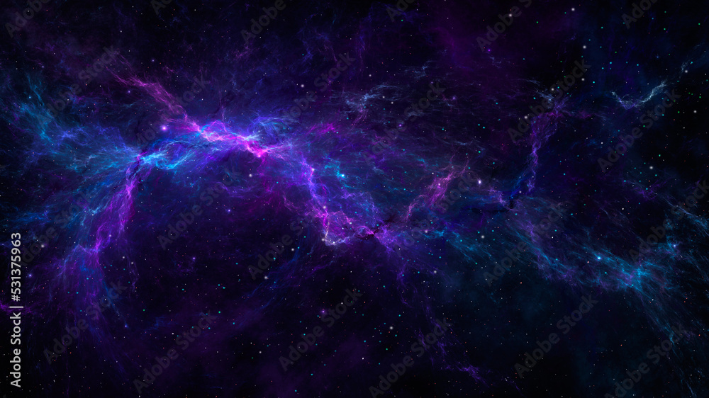 Sticker space background. colorful fractal blue and violet nebula with star field. 3d rendering