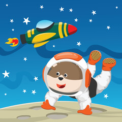 Cute cosmonaut bear in a spacesuit flies in outer space. Vector illustration on the space theme in cartoon style.