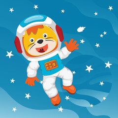 Fototapeta premium Cute cosmonaut lion in a spacesuit flies in outer space. Vector illustration on the space theme in cartoon style.