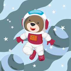 Cute cosmonaut bear in a spacesuit flies in outer space. Vector illustration on the space theme in cartoon style.