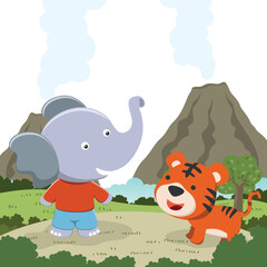 Cute little elephant and little tiger play around swamp. Funny Kid Graphic Illustration. T-Shirt Design for children. Creative vector childish background for wallpaper, poster and other decoration.