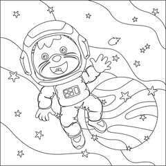 Vector children's coloring book. Cute lion astronaut flies in space. Around the star and planet. Children's coloring book