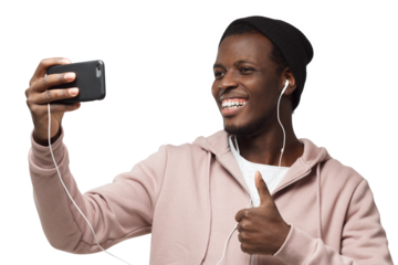 Photo of handsome black male stretching arm with smartphone to take selfie picture to share it in social networks