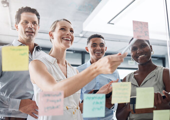 Teamwork, strategy and collaboration with planning business people writing sticky notes on a board...