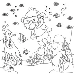 Fototapeta premium Vector cartoon illustration of little monkey diving in undersea with cartoon style Childish design for kids activity colouring book or page.