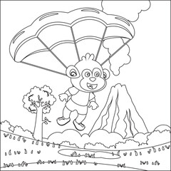 Vector cartoon illustration of skydiving with litlle monkey with cartoon style Childish design for kids activity colouring book or page.