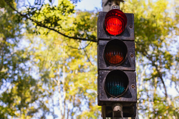 Red color on traffic light with beautiful blue sky and yellow leaves in background.