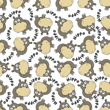cute little hippo play around swamp. Design concept for kids textile print, nursery wallpaper, wrapping paper. Cute funny background.
