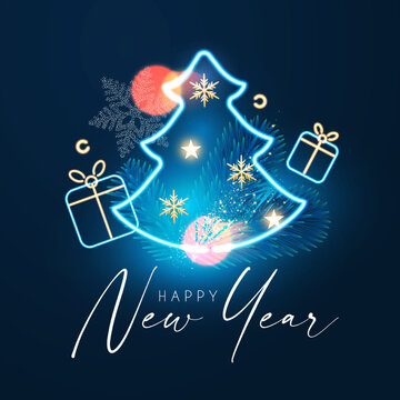 Merry Christmas and Happy New Year Holiday background with neon gift box, fir tree branch, bokeh effect and lights