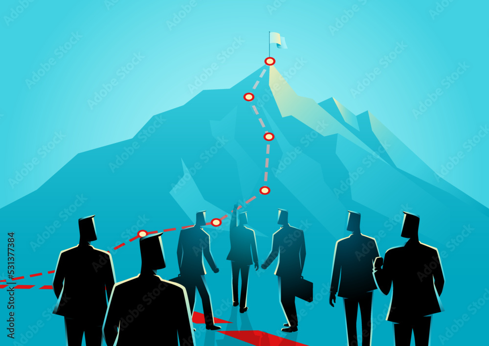 Wall mural leader leads his men to the top of the mountain and reach the goal