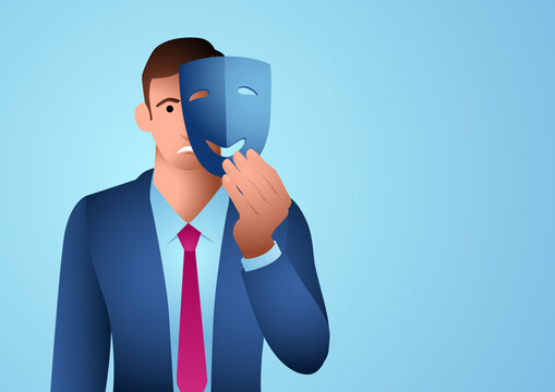 Business concept illustration of businessman wearing smiling face mask