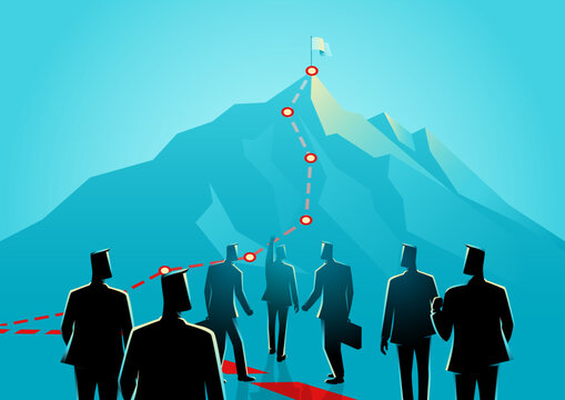 Leader leads his men to the top of the mountain and reach the goal