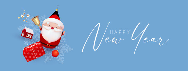 Happy New Year celebration with 3D Santa Claus character, cute house, golden bell and gift box