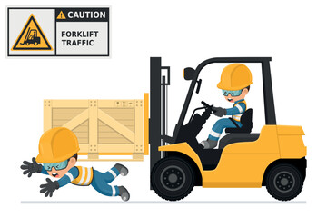 Industrial worker driving a forklift in an accident to a worker. Danger and caution sign for forklift traffic. Work accident in a warehouse. Security First. Industrial Safety and Occupational Health © Ipajoel