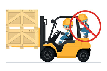 Transporting people on the forklift is prohibited. Fork lift truck transporting a wooden box packing pallet. Work accident in a warehouse. Security First. Industrial Safety and Occupational Health - obrazy, fototapety, plakaty