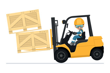 Dangers of driving a forklift. Accident due to excess weight in a fork lift truck. Work accident in a warehouse. Forklift driving safety. Security First. Industrial Safety and Occupational Health
