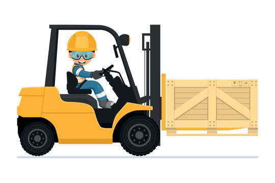 Industrial worker carefully driving a forklift. Yellow fork lift truck transporting a wooden box packaging pallet to a warehouse. Industrial storage and distribution of products. Industrial Safety