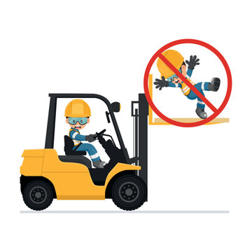 Transporting people on the forklift is prohibited. Dangers of driving a forklift. Forklift driving safety. Work accident in a warehouse. Security First. Industrial Safety and Occupational Health