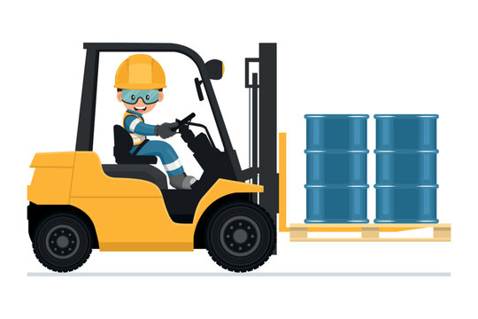 Safely driving a forklift. Fork lift truck with barrel pallet of hydraulic or petroleum oil, toxic materials. Forklift driving safety. Security First. Industrial Safety and Occupational Health