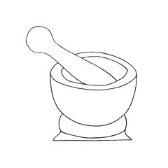 Hand drawn mortar and pestle vector illustration. Simple outline drawing of kitchen or pharmacy equipment. Grinding herbs and spices.