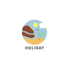Holiday logo with beach and palm trees.