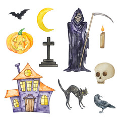 Watercolor halloween set of reaper, haunted house, cat and other elements