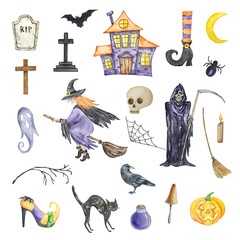 Watercolor halloween set of witch, reaper, haunted house and other elements