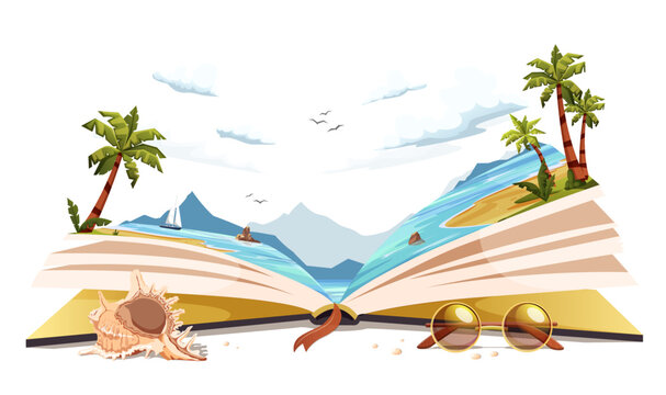 Open story book with ocean beach inside. Fantasy vacation in summer season on holidays. Sandy Island in sea with palms leaves. Reading fairy tale about journey at nature landscape. Vector illustration