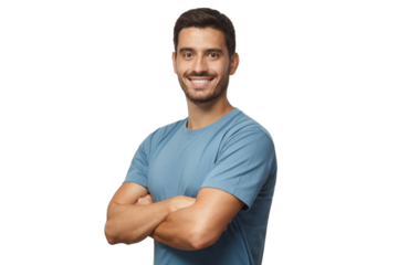 Smiling handsome young man in blue t-shirt standing with crossed arms