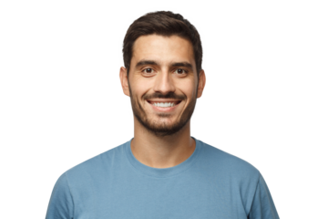 Close up portrait of young smiling handsome guy in blue t-shirt isolated