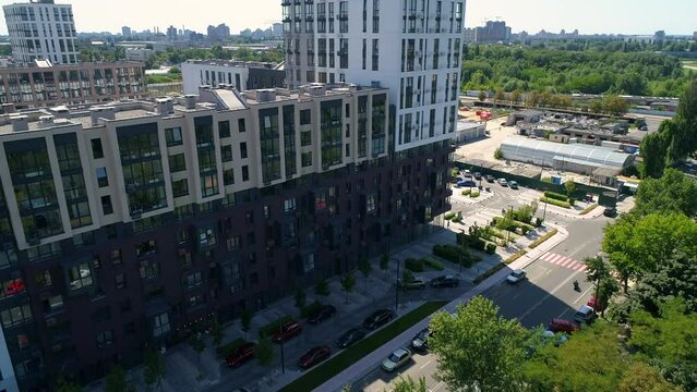 Drone aerial view modern building Residential complex Faina Town. Construction of residential premises. Kyiv capital of Ukraine